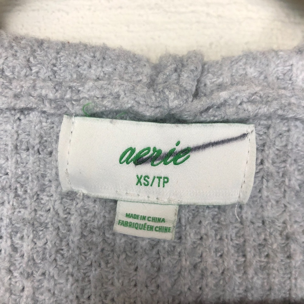 Aerie Womens Cozy Up Waffle Knit Hooded V-Neck Pullover Size XS Grey Comfy - Picture 10 of 16